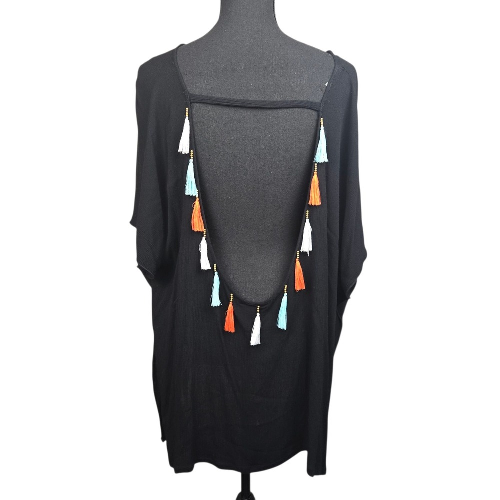 David and Young Poncho‎ Top Tunic Open Back Tassel Black One Size Beach Cover Up